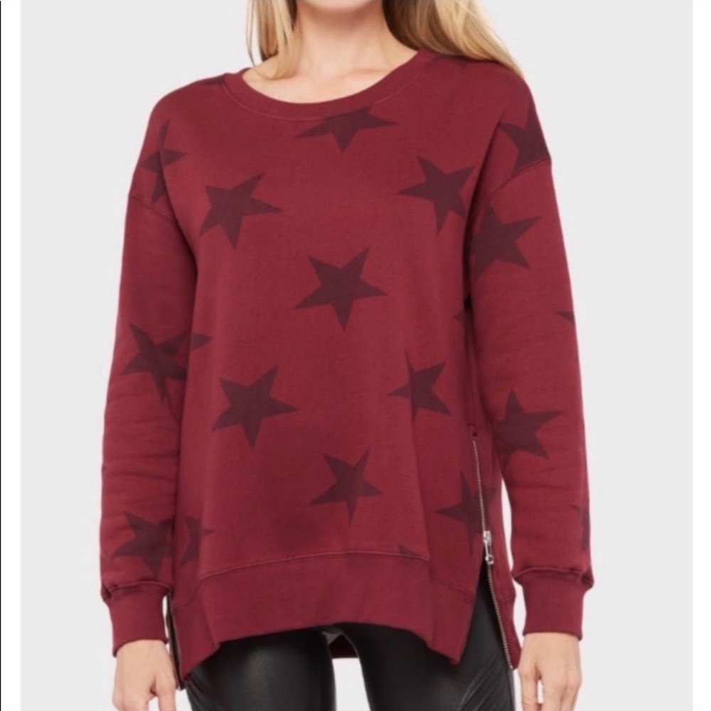 Sundry Anthropologie Maroon Star Side Zip Crewneck Sweatshirt Pullover
